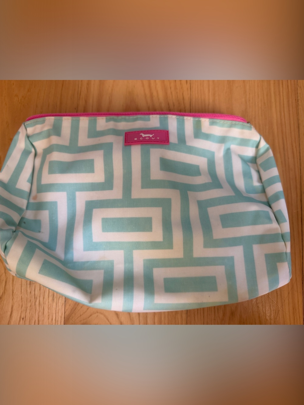 SCOUTGeometric Print Cosmetic Pouch in Aqua & White with Pink Trim